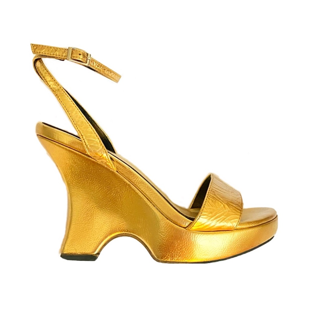 Jeffrey Campbell metallic gold leather open toe ankle strap platform wedge heels